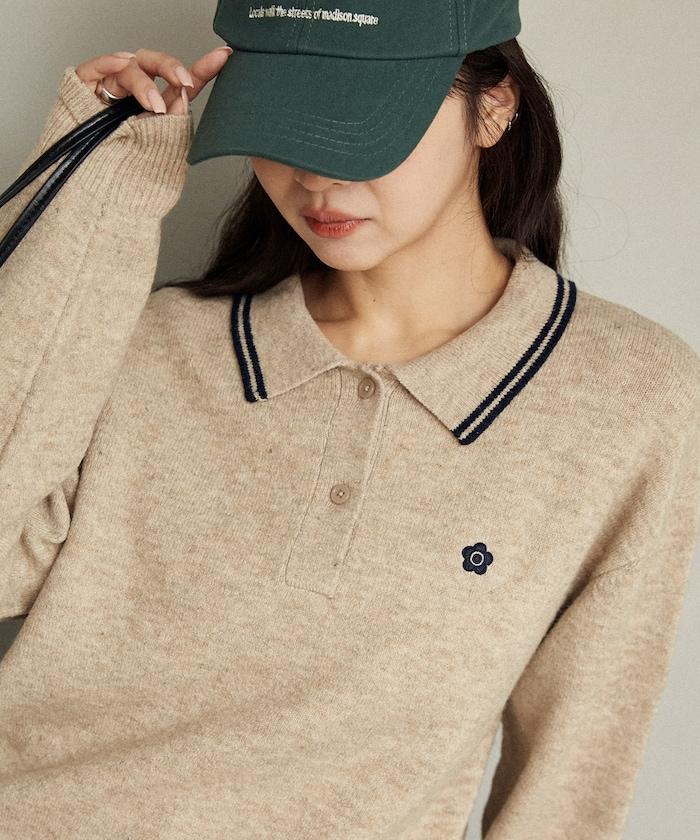 領口線條 單點刺繡 針織POLO衫