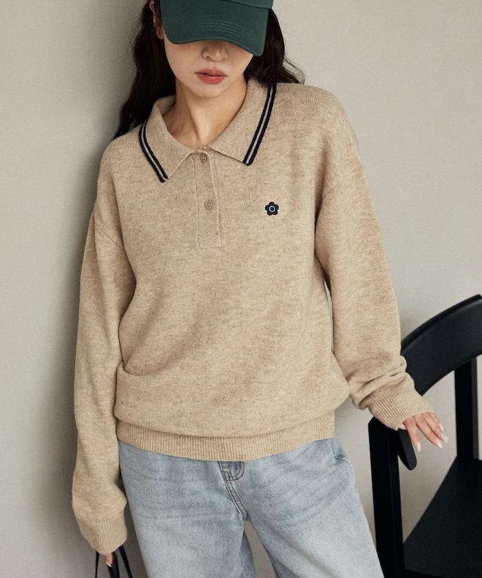 領口線條 單點刺繡 針織POLO衫