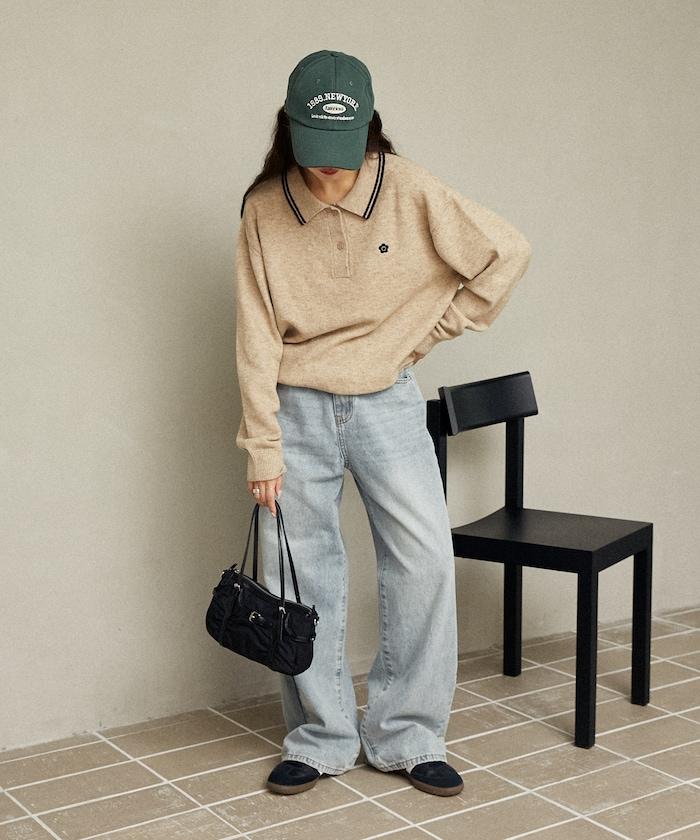 領口線條 單點刺繡 針織POLO衫