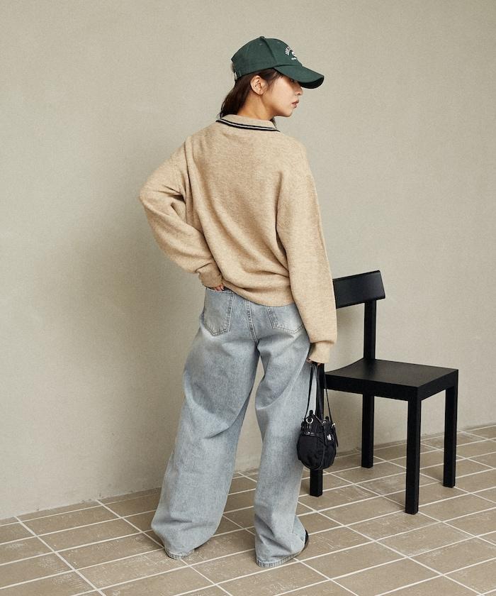 領口線條 單點刺繡 針織POLO衫