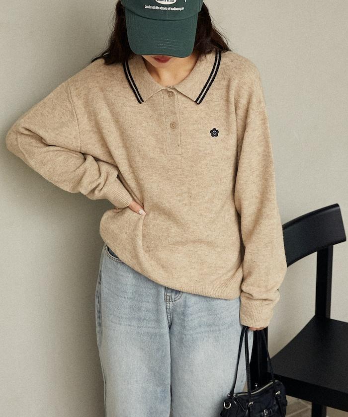 領口線條 單點刺繡 針織POLO衫
