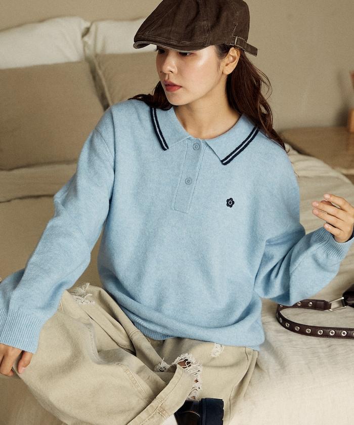 領口線條 單點刺繡 針織POLO衫