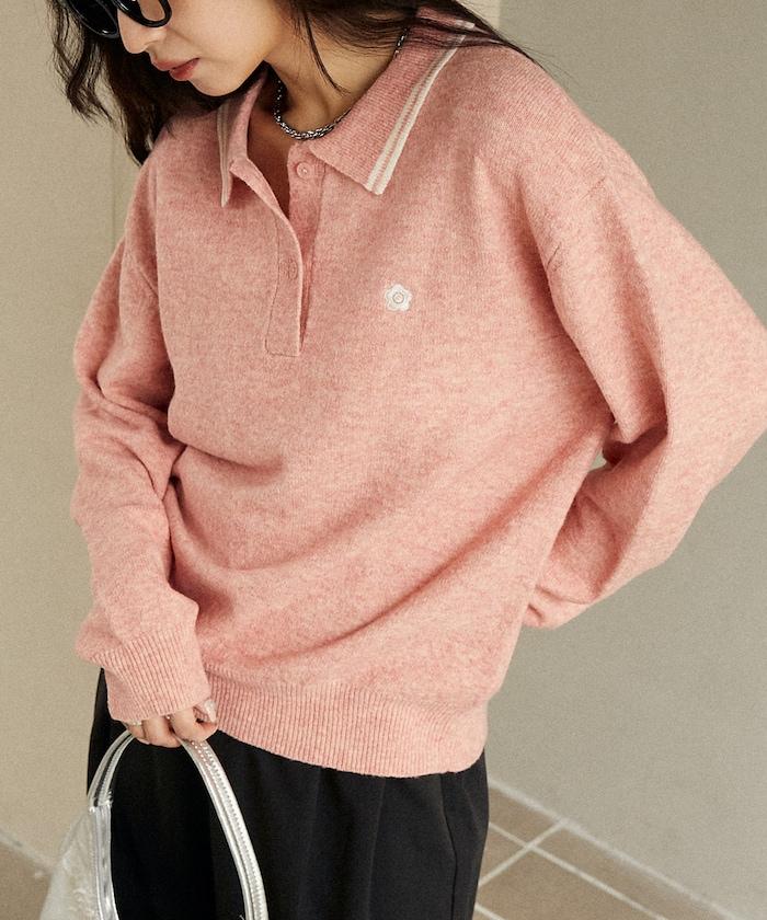 領口線條 單點刺繡 針織POLO衫