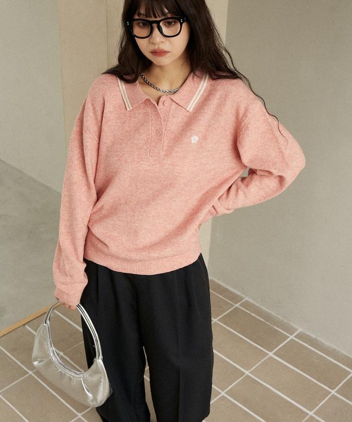 領口線條 單點刺繡 針織POLO衫
