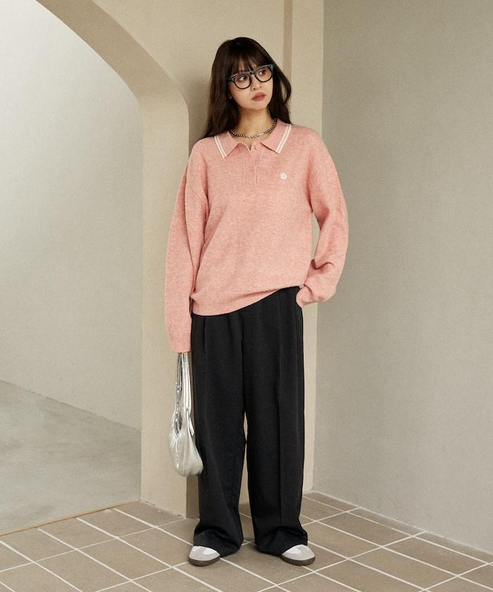 領口線條 單點刺繡 針織POLO衫