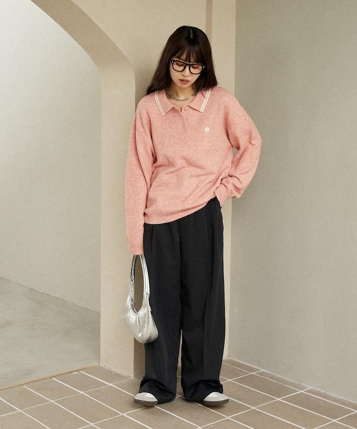 領口線條 單點刺繡 針織POLO衫