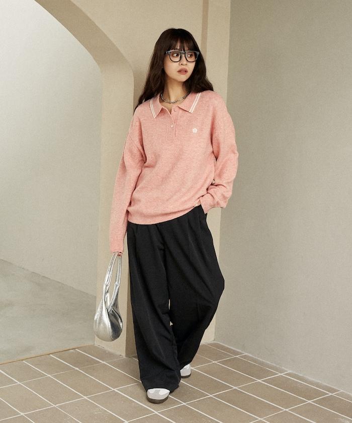領口線條 單點刺繡 針織POLO衫