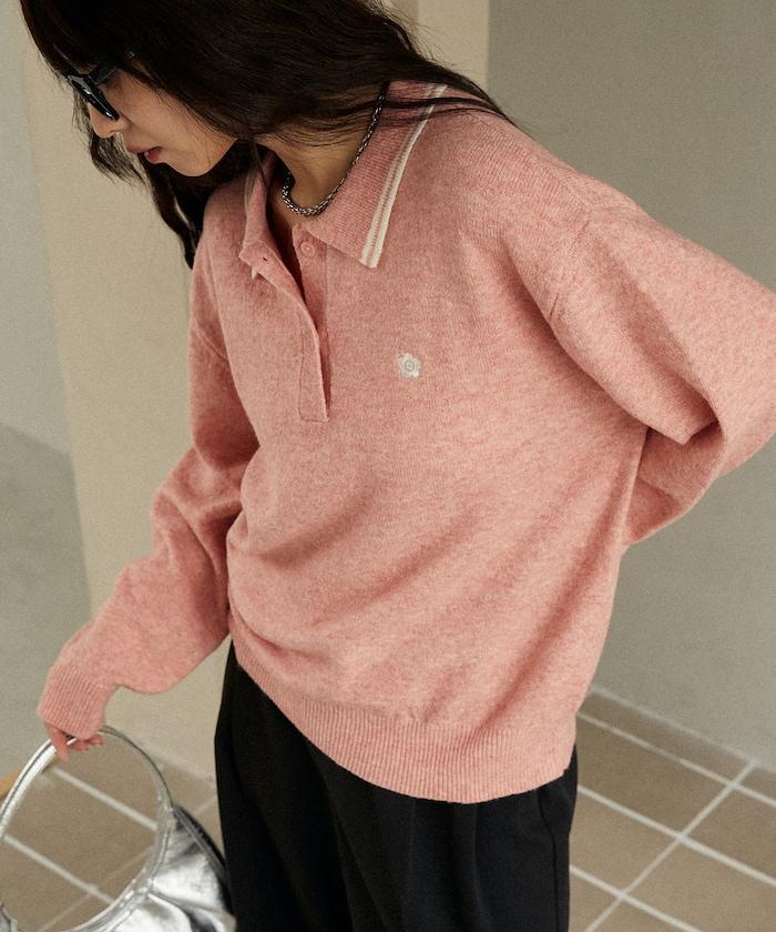領口線條 單點刺繡 針織POLO衫
