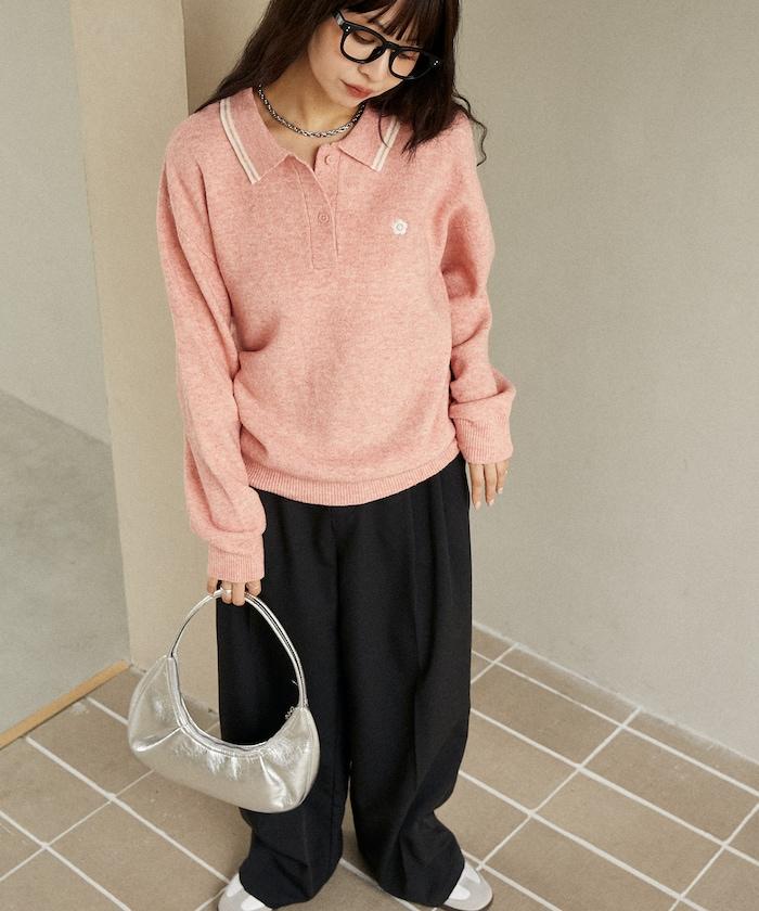 領口線條 單點刺繡 針織POLO衫