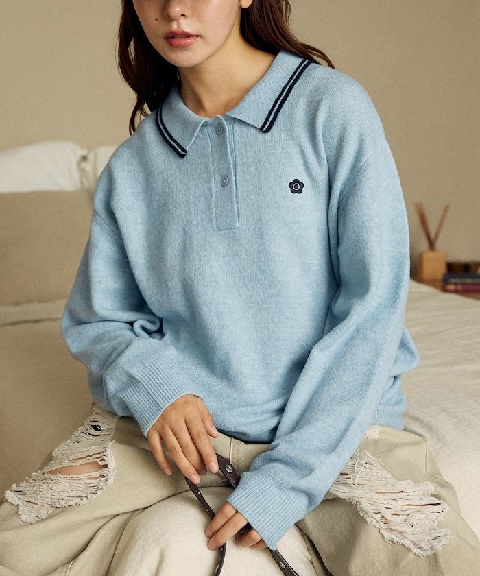 領口線條 單點刺繡 針織POLO衫