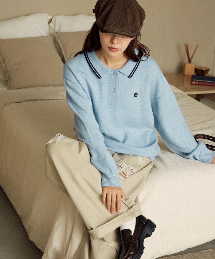 領口線條 單點刺繡 針織POLO衫