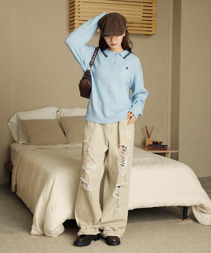 領口線條 單點刺繡 針織POLO衫