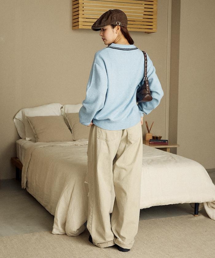 領口線條 單點刺繡 針織POLO衫