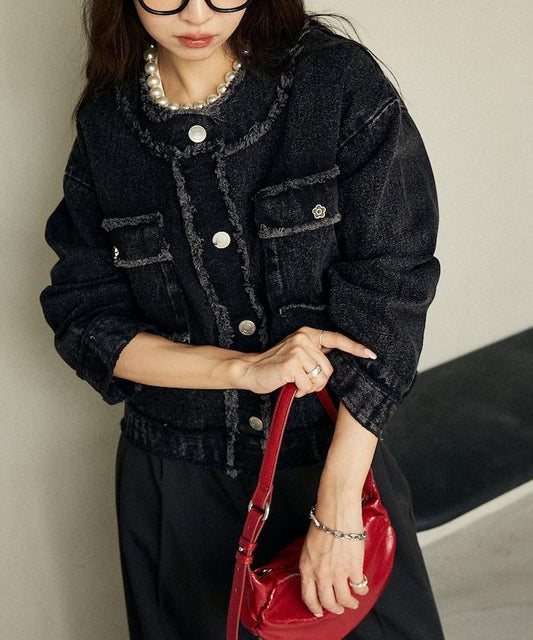 花朵裝飾紐扣無領牛仔夾克