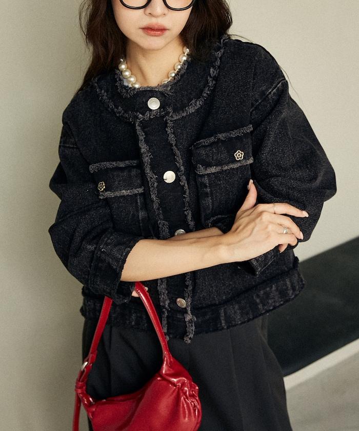 花朵裝飾紐扣無領牛仔夾克