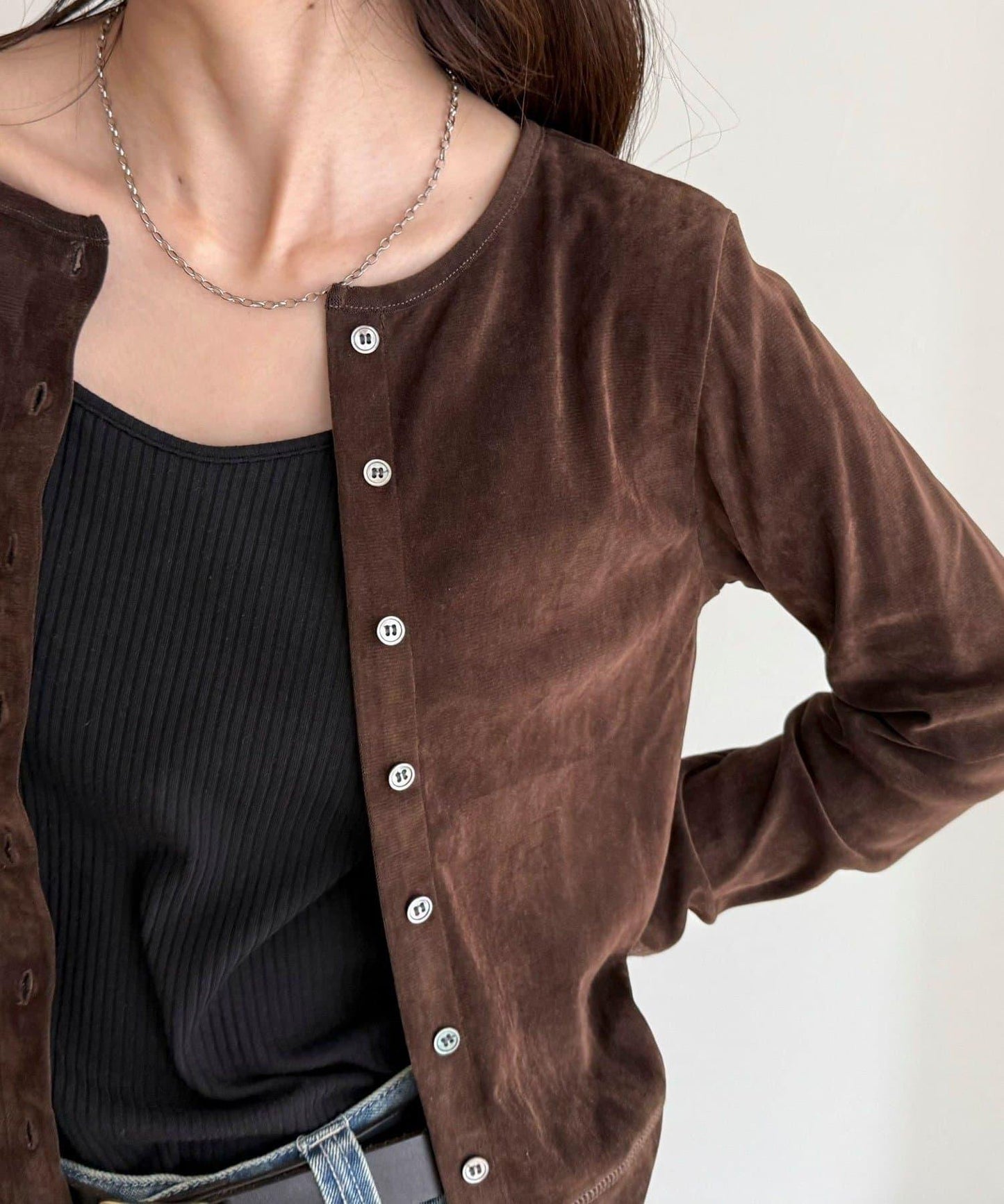 透視植絨短款開衫