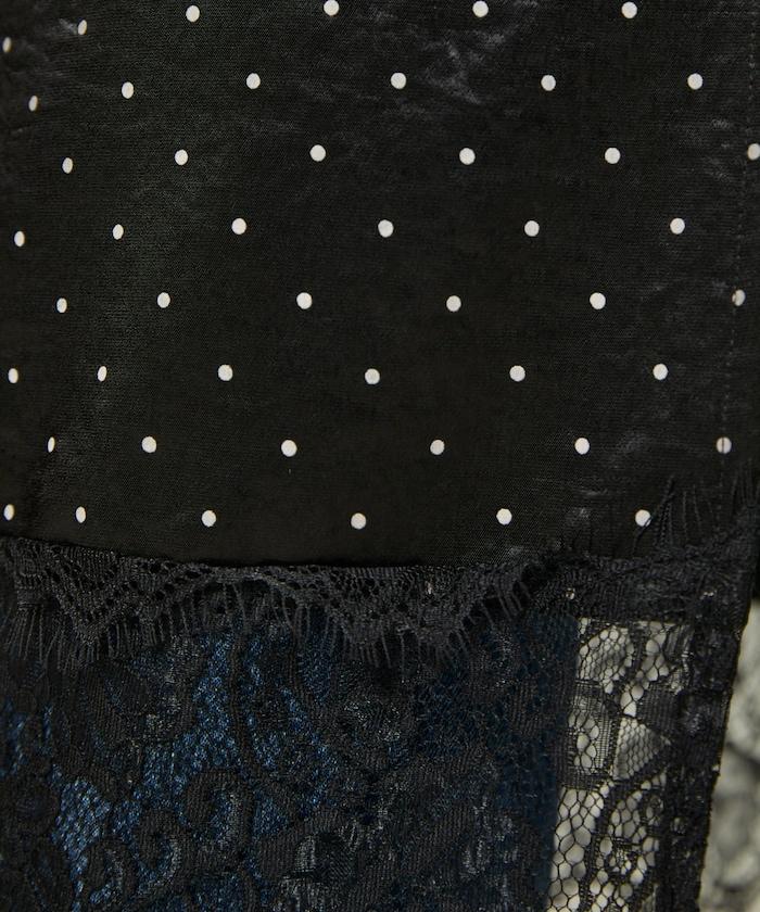 單點刺繡 下襬蕾絲 緞面吊帶連衣裙