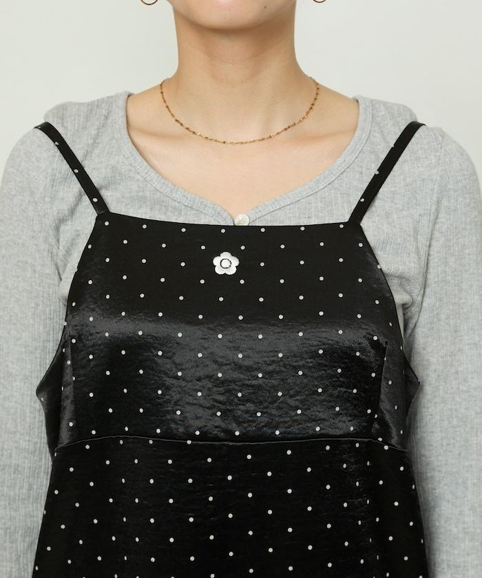 單點刺繡 下襬蕾絲 緞面吊帶連衣裙