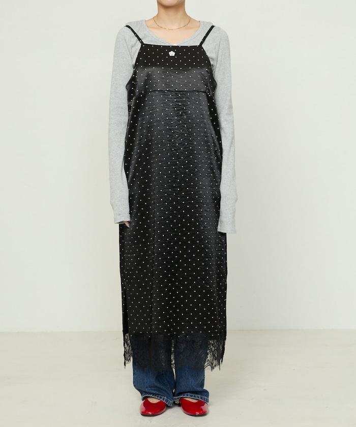 單點刺繡 下襬蕾絲 緞面吊帶連衣裙