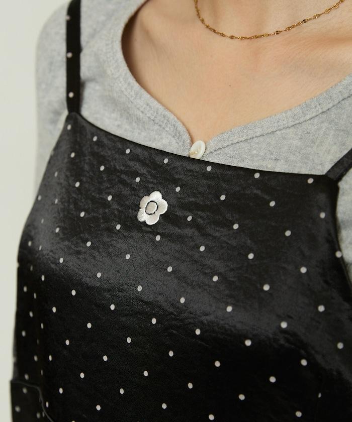 單點刺繡 下襬蕾絲 緞面吊帶連衣裙