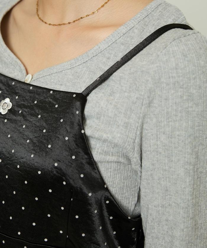 單點刺繡 下襬蕾絲 緞面吊帶連衣裙