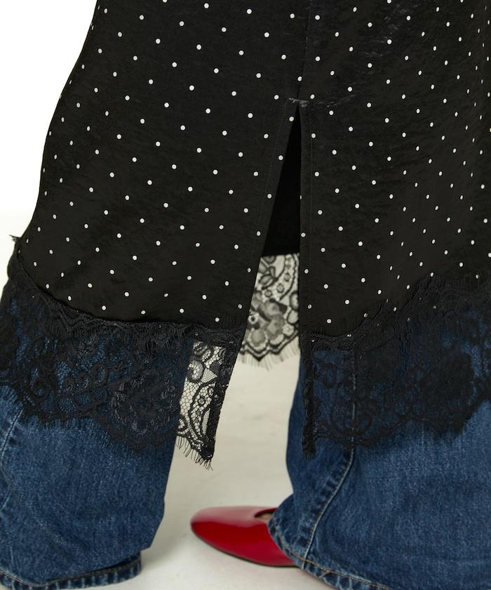 單點刺繡 下襬蕾絲 緞面吊帶連衣裙