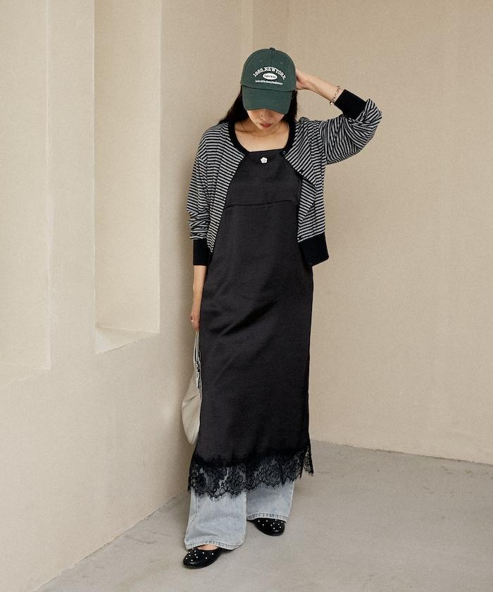 單點刺繡 下襬蕾絲 緞面吊帶連衣裙