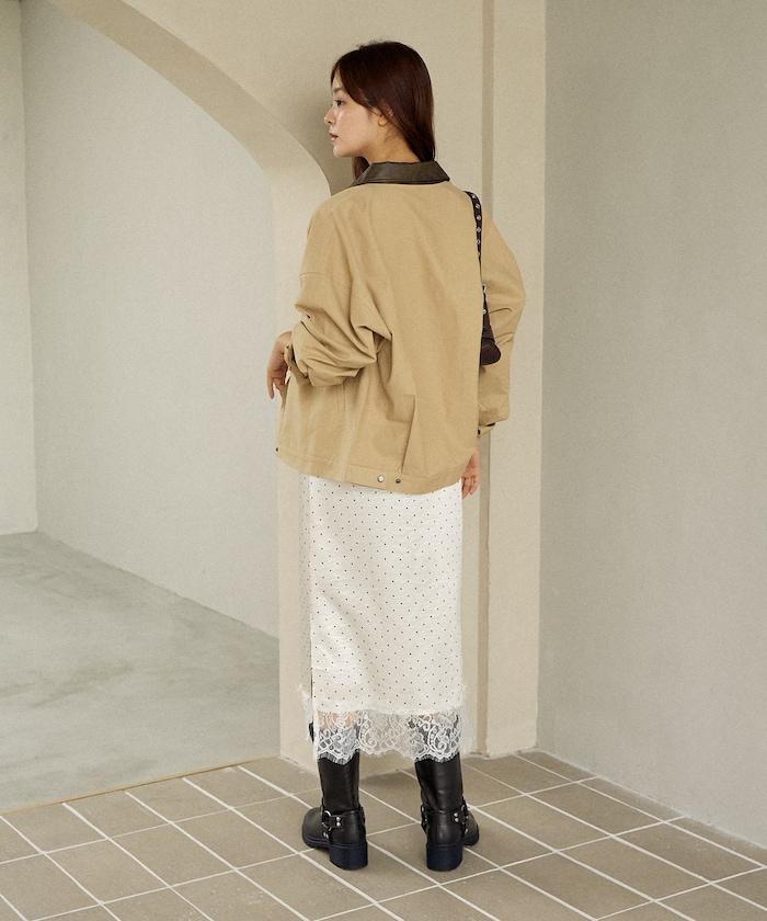 單點刺繡 下襬蕾絲 緞面吊帶連衣裙