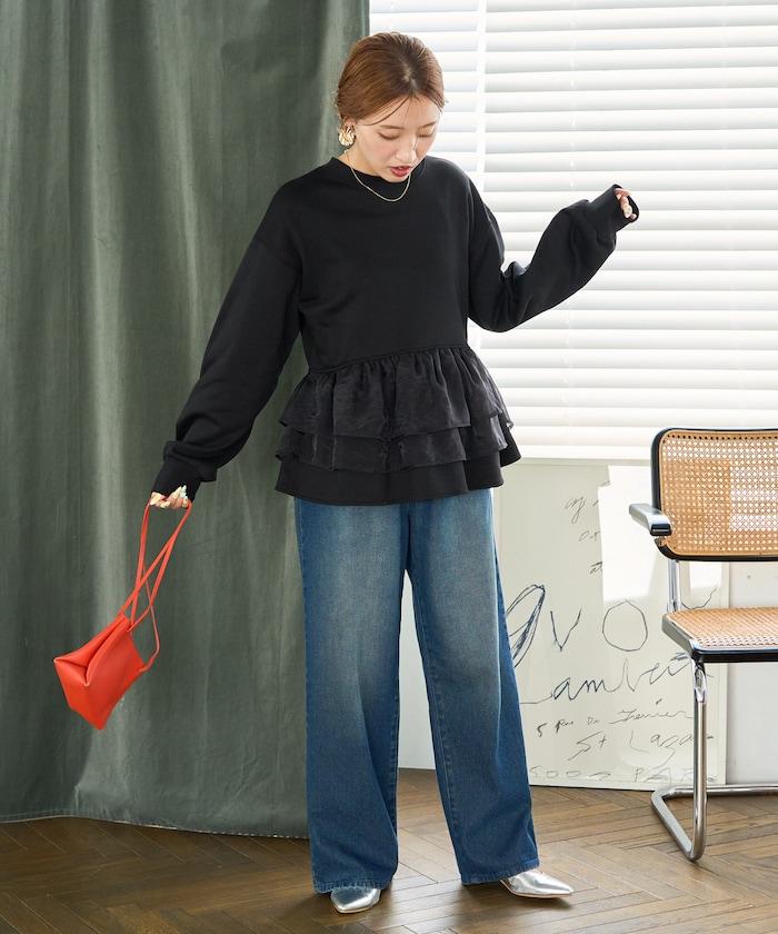 歐根紗荷葉邊拼接衛衣套頭衫