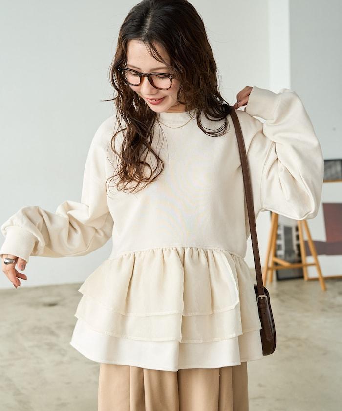 歐根紗荷葉邊拼接衛衣套頭衫