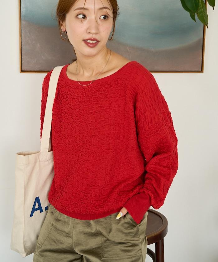 褶皺抽褶編織船領套頭衫