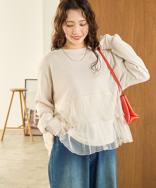 拼接網紗華夫格套頭衫