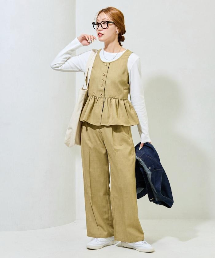 荷葉邊背心長款上衣套裝(背心+褲子)