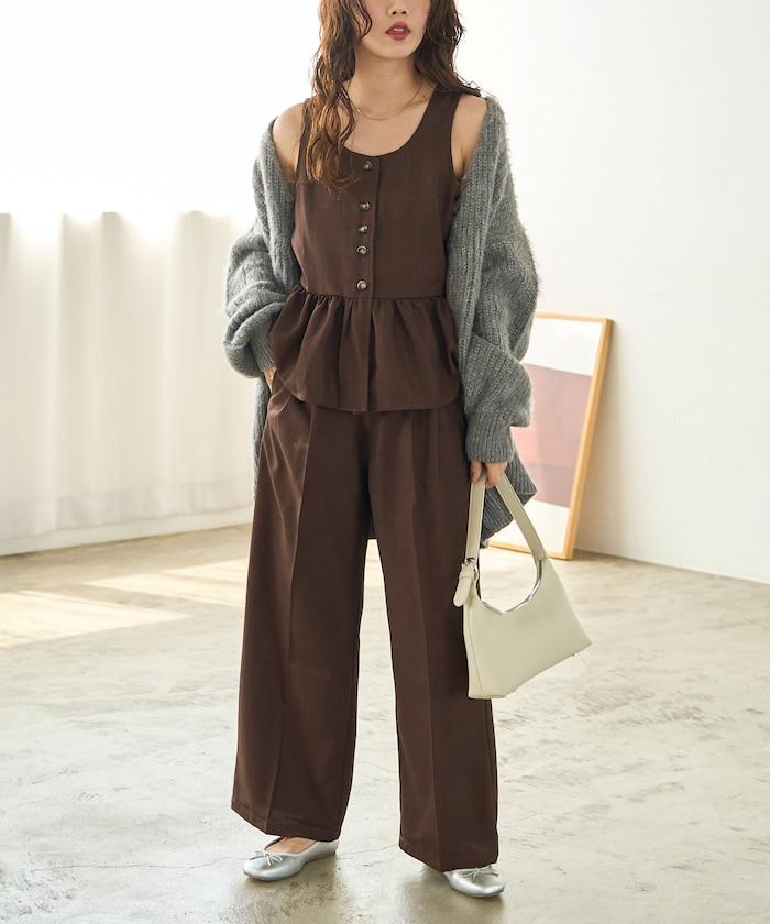 荷葉邊背心長款上衣套裝(背心+褲子)