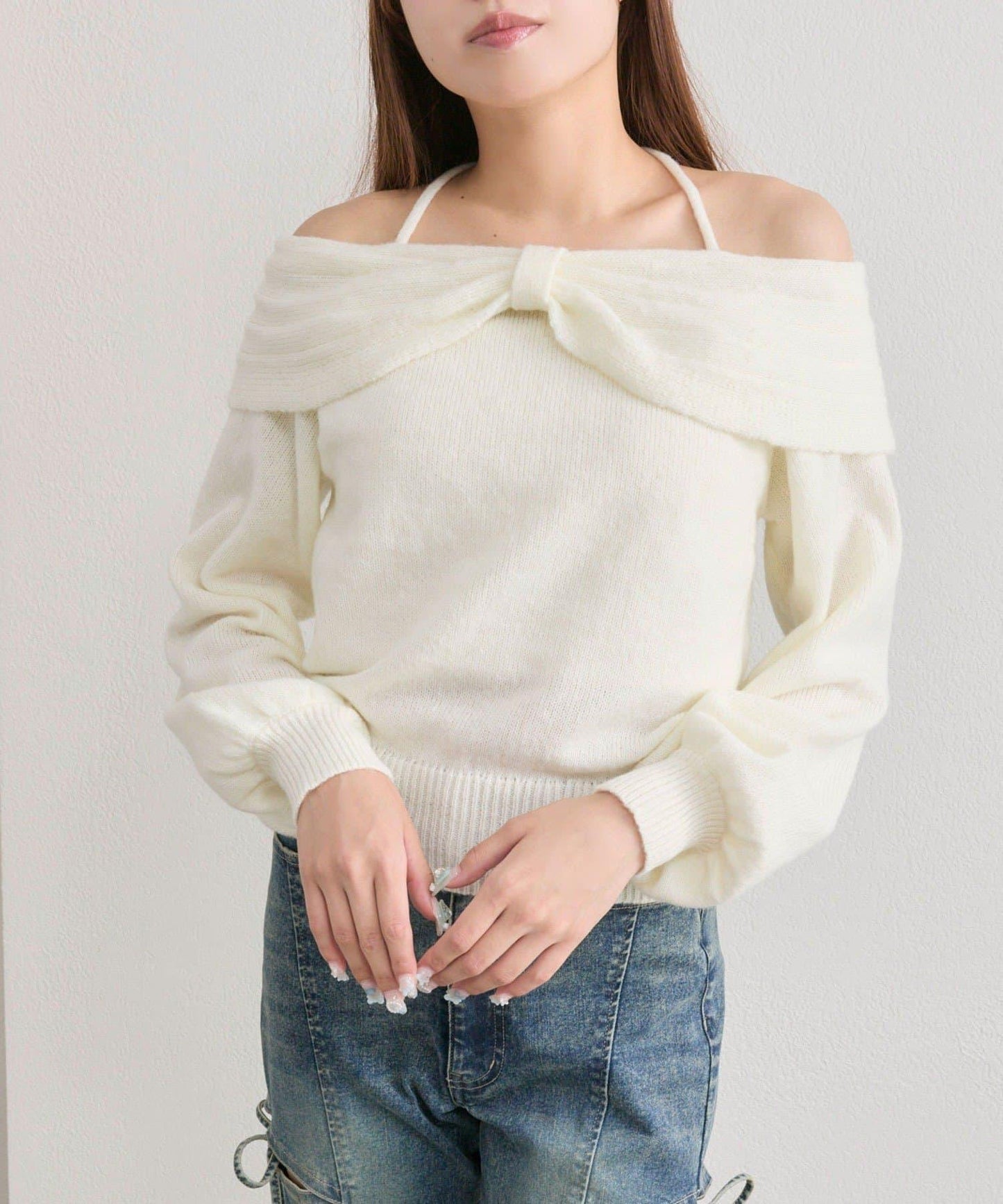 蝴蝶結一字肩針織衫