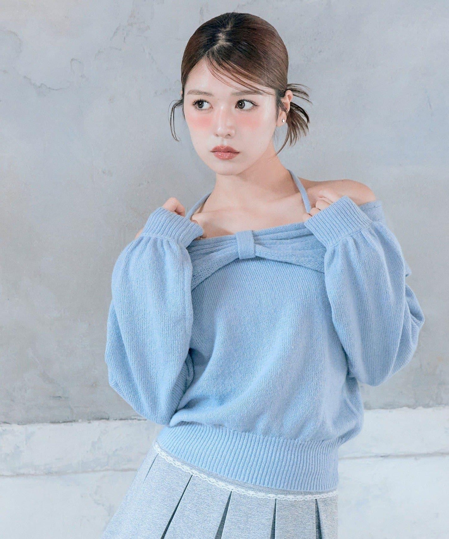 蝴蝶結一字肩針織衫