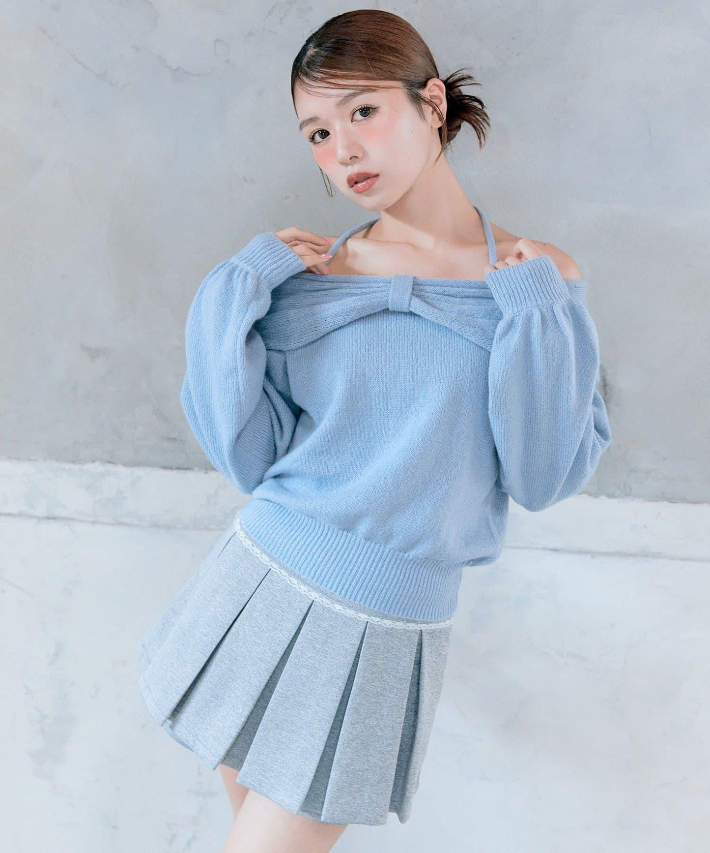 蝴蝶結一字肩針織衫