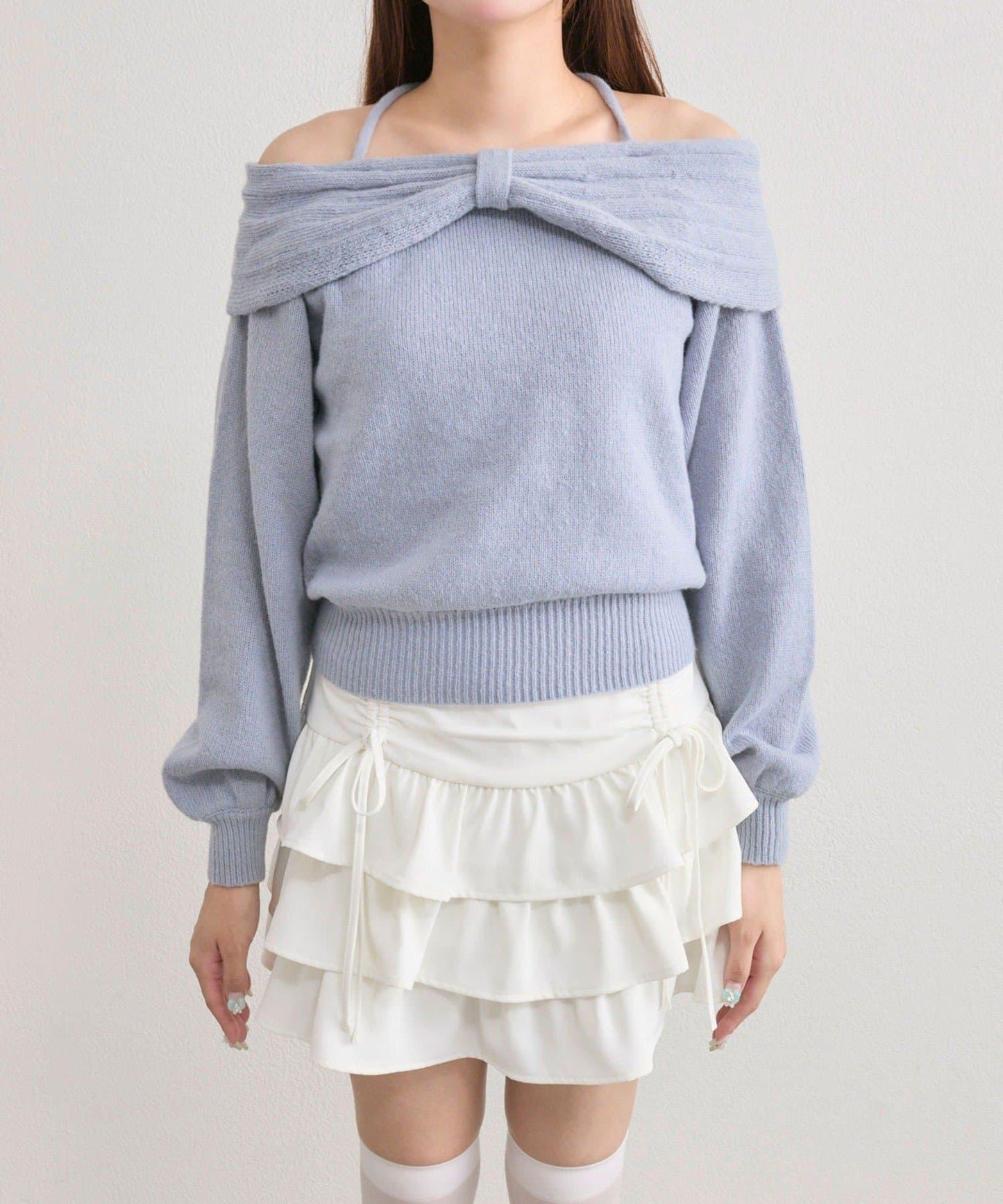 蝴蝶結一字肩針織衫