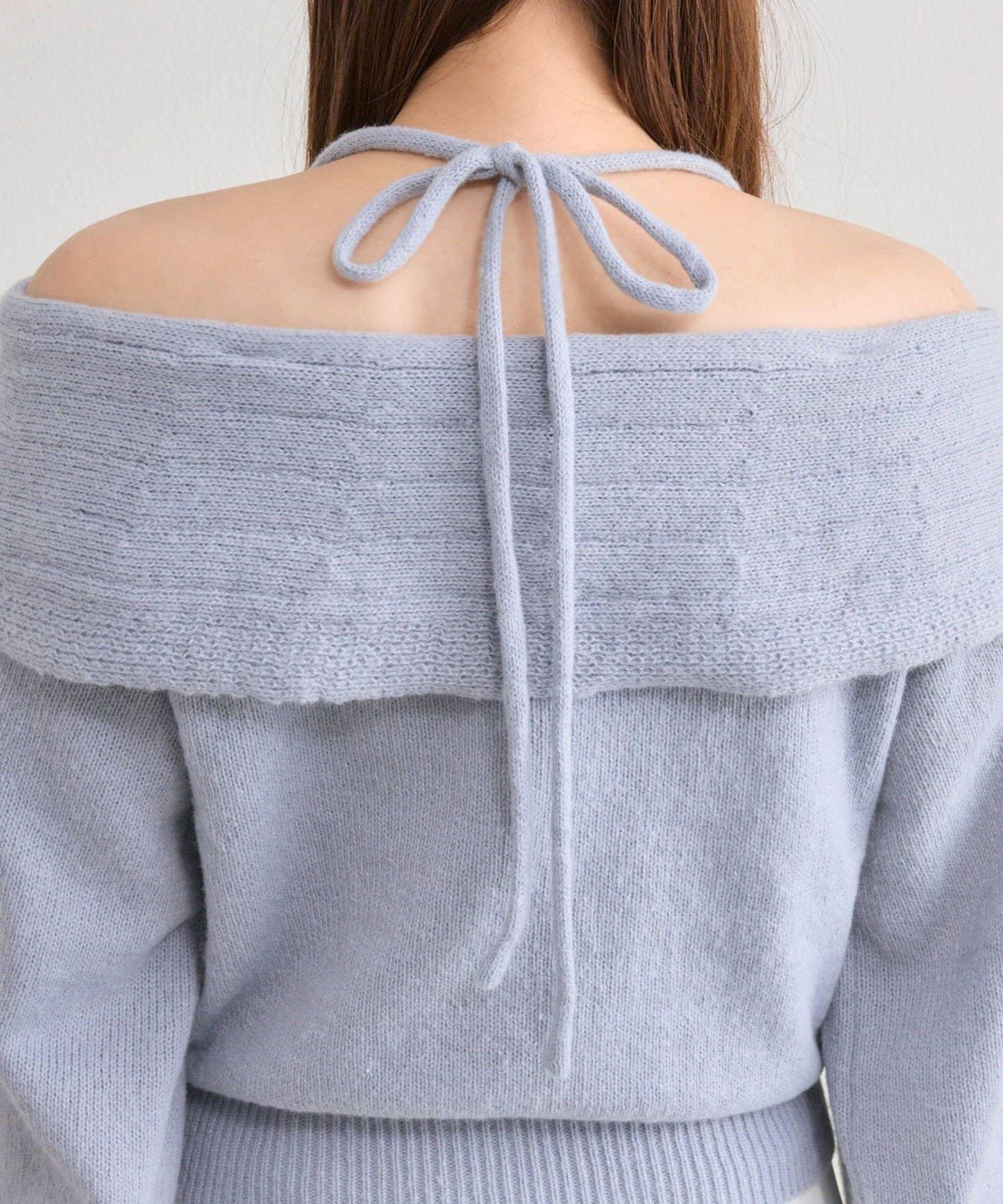 蝴蝶結一字肩針織衫