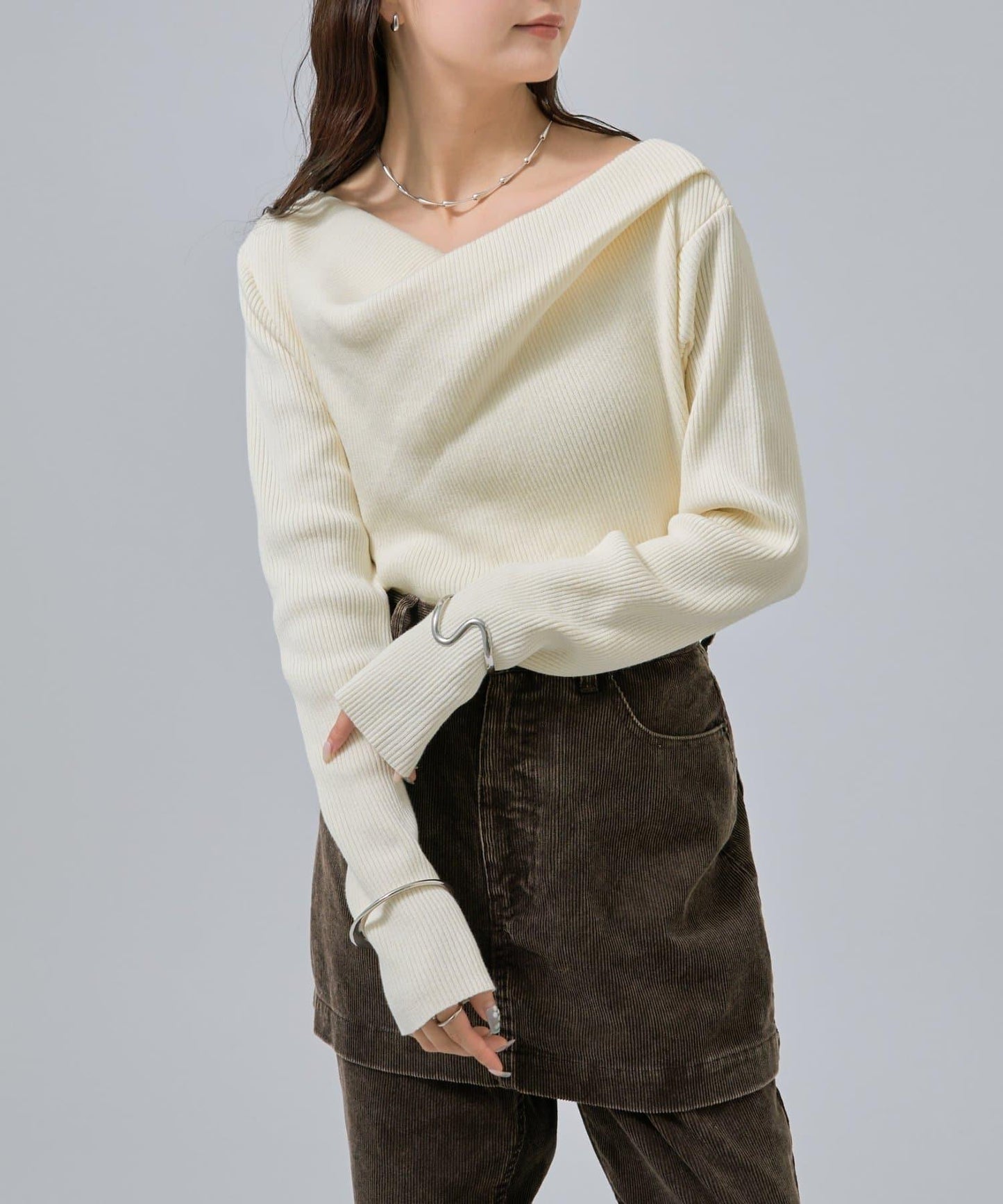 【米色・酒紅 EC限定!】一字肩羅紋針織衫