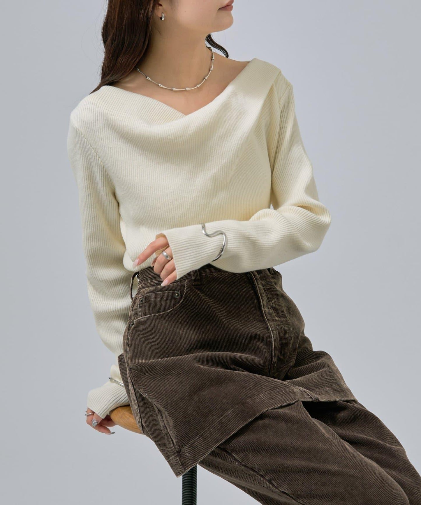 【米色・酒紅 EC限定!】一字肩羅紋針織衫