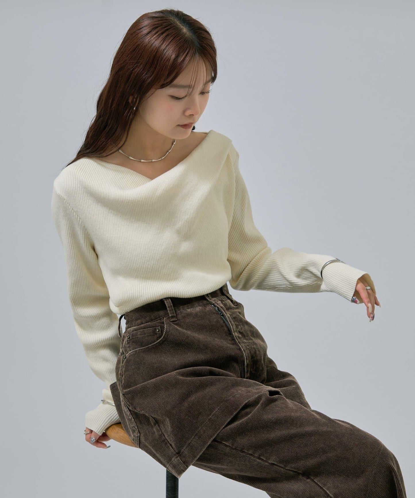 【米色・酒紅 EC限定!】一字肩羅紋針織衫