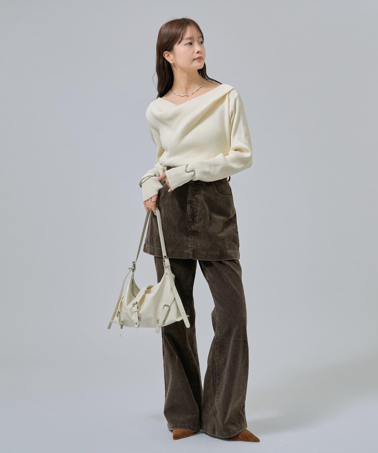 【米色・酒紅 EC限定!】一字肩羅紋針織衫