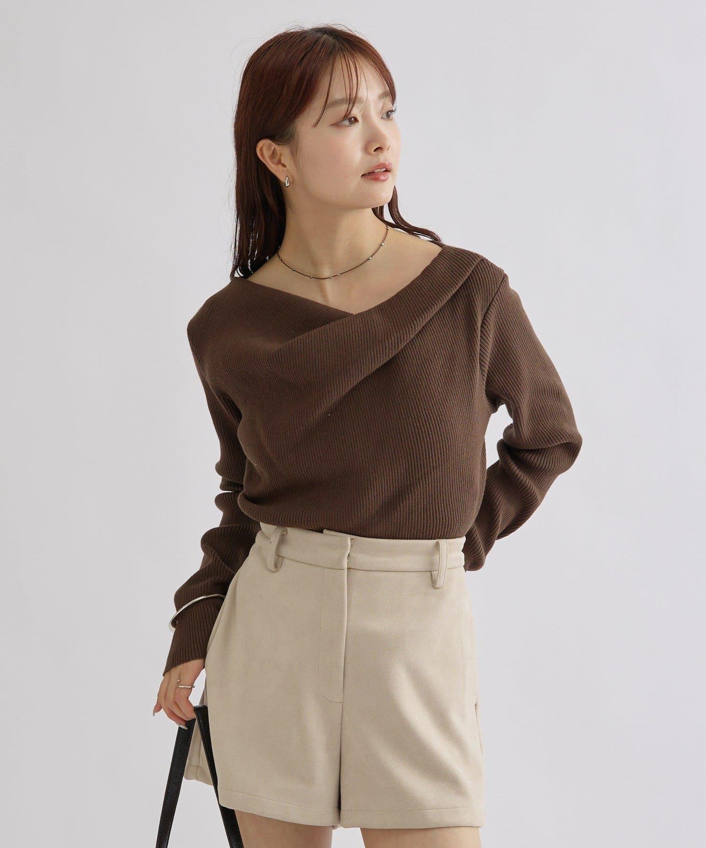 【米色・酒紅 EC限定!】一字肩羅紋針織衫