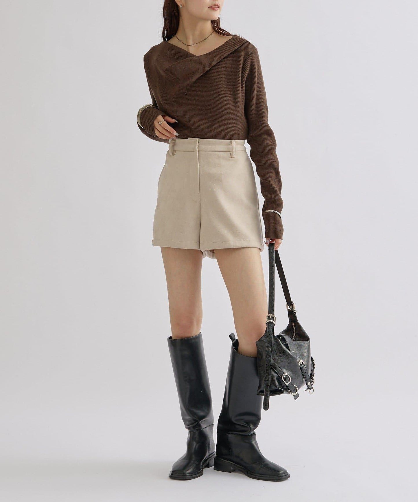 【米色・酒紅 EC限定!】一字肩羅紋針織衫