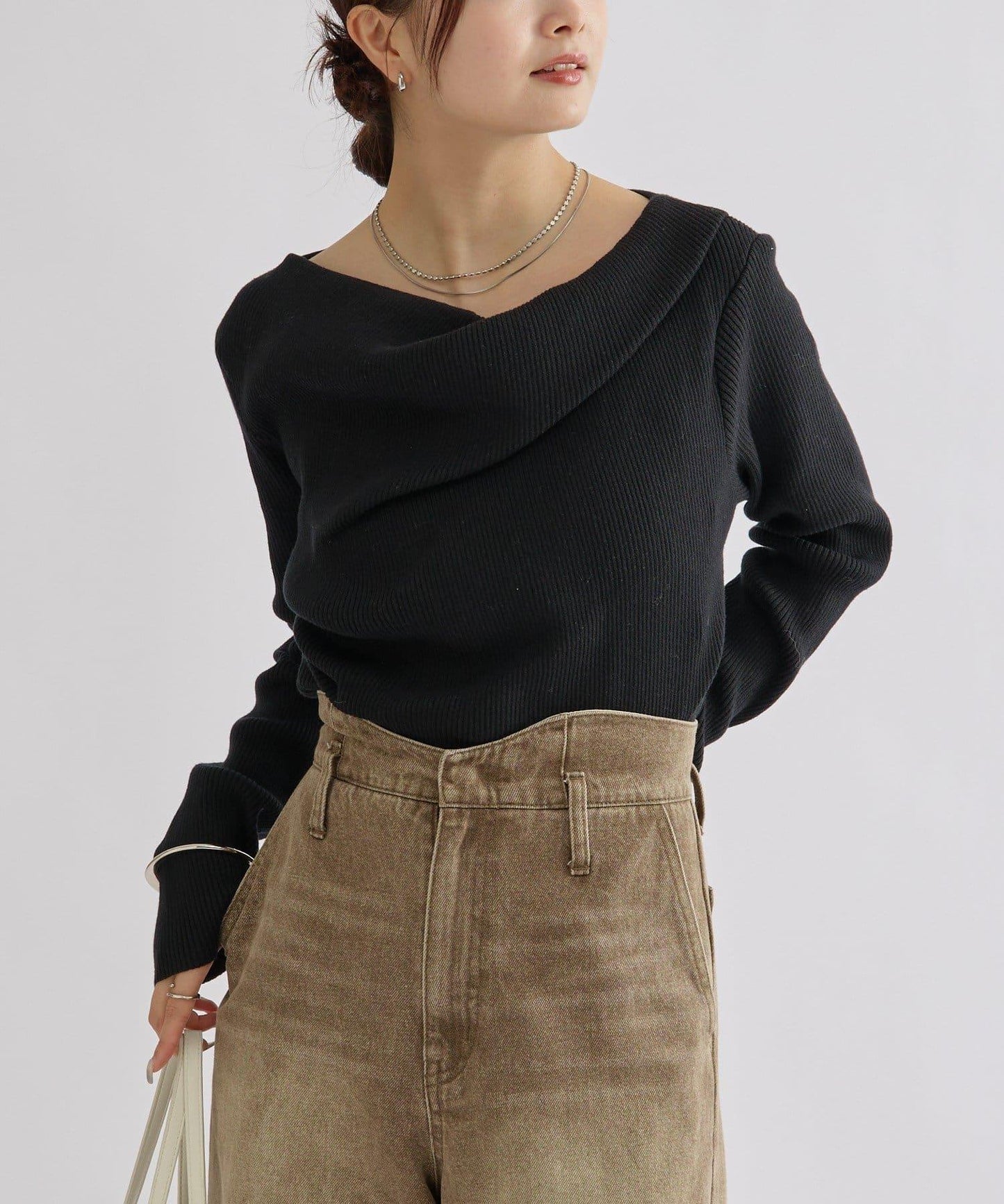 【米色・酒紅 EC限定!】一字肩羅紋針織衫