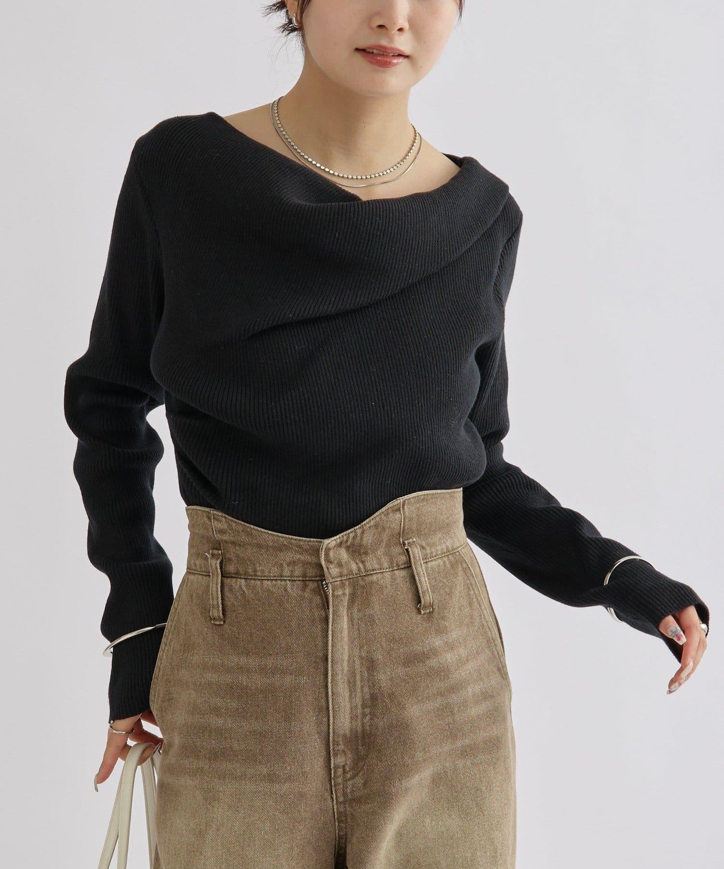 【米色・酒紅 EC限定!】一字肩羅紋針織衫