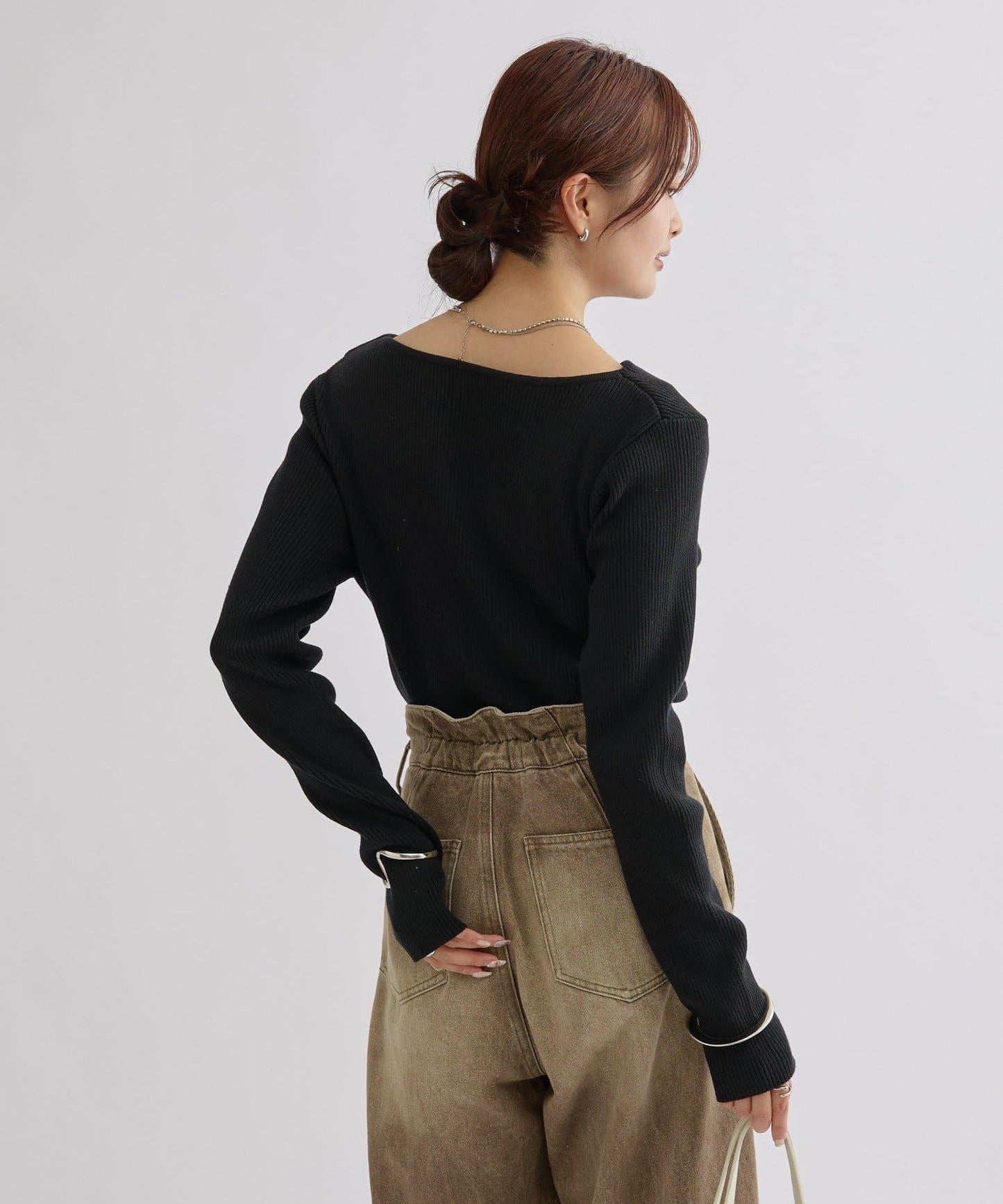 【米色・酒紅 EC限定!】一字肩羅紋針織衫