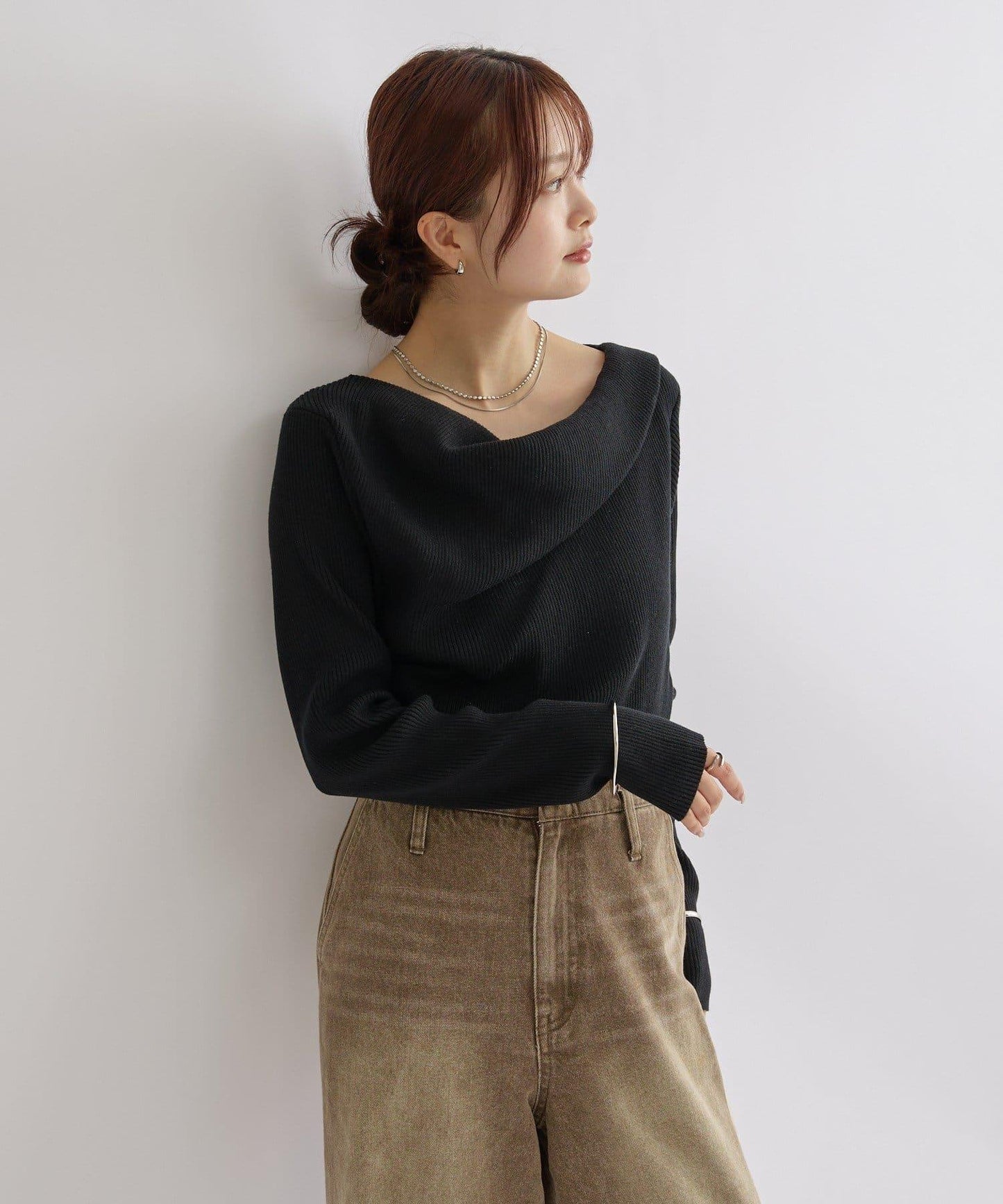 【米色・酒紅 EC限定!】一字肩羅紋針織衫