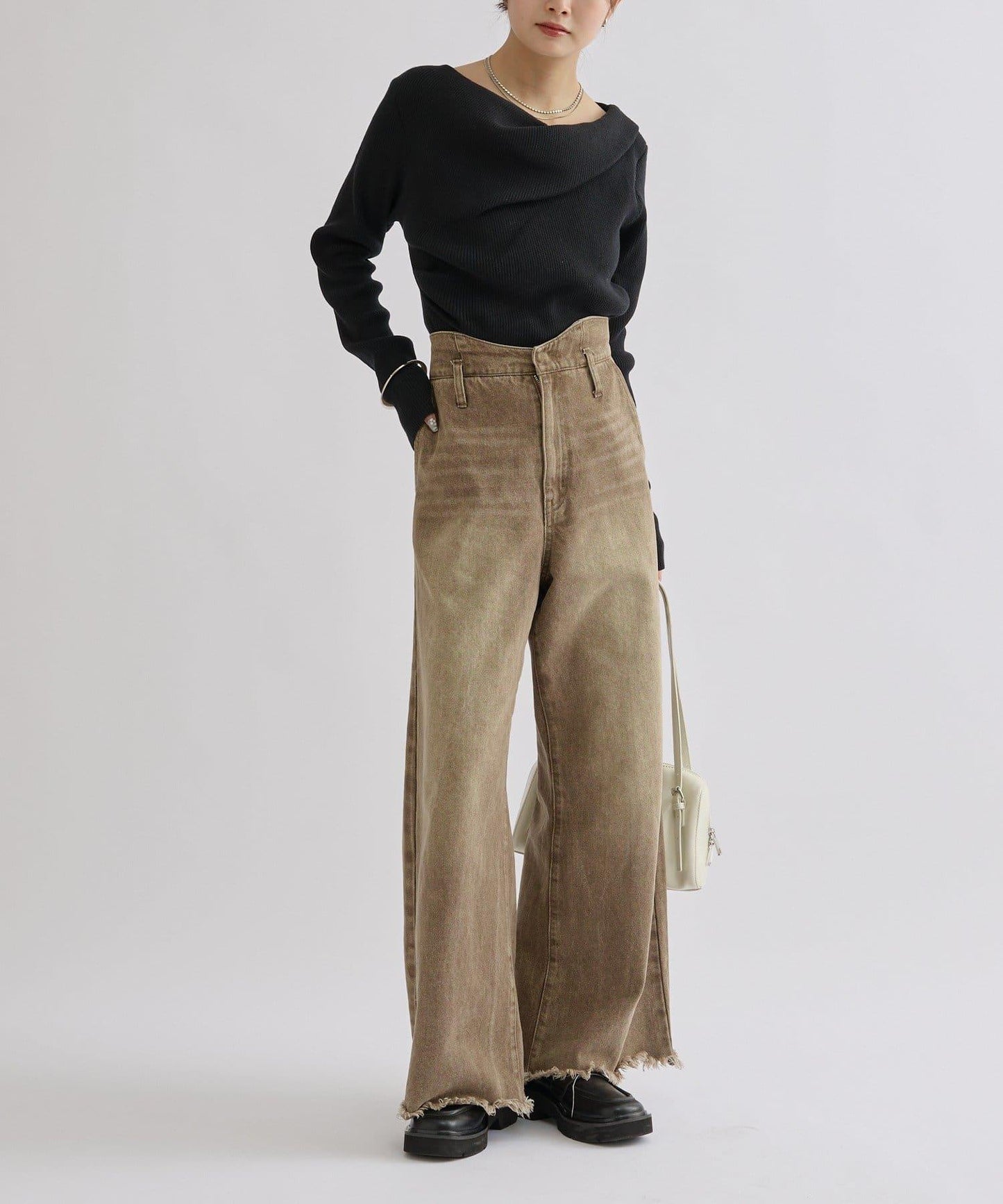 【米色・酒紅 EC限定!】一字肩羅紋針織衫